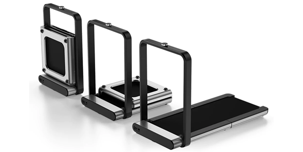 Cardio Equipment- 3 Representations of the WalkingPad x21 Double-Fold Treadmill showing showing folded, half-folded and active postions