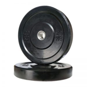 Strength Training Equipment- (300*300)- Pair of 20KG rubber bumper plates, one flat and the other placed vertically on top