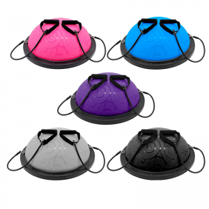 Strength Training Equipment- 5 colour variants of the Bosu Ball: Pink, Blue, Purple, Gray, Black shown with resistance band placed on top of the ball
