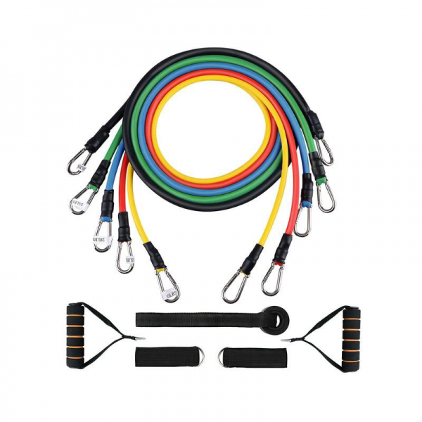 Gym Equipment- Set of 5 Coiled Resistance Bands of colours Yellow, Red, Blue, Green, Black along with handles, Ankle Strap and Door Anchor