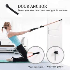 Gym Equipment- (300*300)- Door Anchor feature- Woman using the resistance band set attached to a door in kneeling position: 2 image overlays showing the view of the inside and the view from the outside