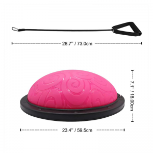 Strength Training Equipment- (300*300)- Pink Bosu Ball and resistance band shown above along with a total of 3 dimension lines showing length of band along with the height and length of the ball