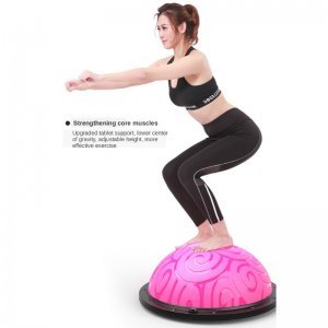 Strength Training Equipment- (300*300)- Woman using the Pink Bosu Ball to perform a squat followed by a bullet point reading "Strengthening core muscles" and small description of product features and advantages