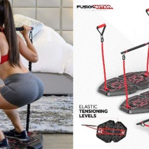 Strength Training Equipment- (300*300)- Feature Highlight of the Fusion Motion Portable Gym along with woman shown performing a barbell squat using the portable gym