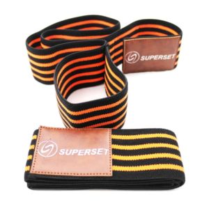 Weight Lifting Gear- (300*300) image- 2 Black and Yellow striped Superset Elbow support straps: One folded and the other slightly unfolded and placed vertically