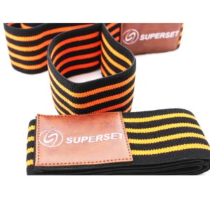 Weight Lifting Gear- (300*300) image- 2 Black and Yellow striped Superset Elbow support straps: One folded and the other cropped and slightly unfolded and placed vertically
