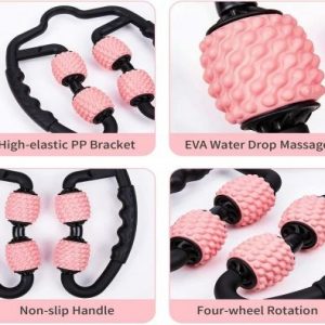 Gym Accessories- (300*300)- 4 way split image showing the U-Shaped Foam Roller Massage Stick with view of Bracket, water drop surfaced masage area, non-slip handle, 4-wheel rotating heads in each image