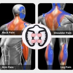 Gym Accessories- (300*300)- 4 way split image showing 4 muscle diagrams: Upper View of the Back with text "Neck Pain": Middle view of the Shoulder with text "Shoulder Pain": front-view of the torso with text "Arm Pain":Lower Rear view of the legs with text "Leg pain" along with the U-Shaped Foam Roller in middle