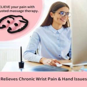 Gym Accessories- (300*300)- Happy young lady using a computer on desk with image of the U-Shaped Foam Roller shown on the side as a representation with text "RELIEVE your pain with trusted massage therapy": Below a text block with pink background and black text reads- " Relieves Chronic Wrist Pain & Hand Issues