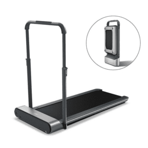 Cardio Equipment- Profile view of the WalkingPad R1 foldable treadmill in active form along with a smaller representation on the top right side of the image where the treadmill is folded vertically