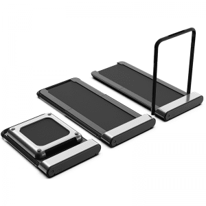 Cardio Equipment- Low resolution (300*300) image of a profile view of the WalkingPad R1 foldable treadmill with it's 3 forms: Folded, Half Opened, Fully Extended forms in white background
