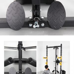 Strength Training Equipment- 3 views of the Premium Versatile Half Rack: Close view of the foot plate: View of foot plate along with Cushioned ankle bar: View of man seated and performing a pull on the low pulley