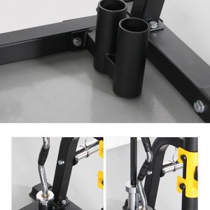Strength Training Equipment- 3 Views of the 2 vertical storage holes for Barbells and Olympic Bars of the Premium Versatile Half Rack: One empty: One with a curl bar placed and the other empty: One with both an olympic bar and curl bar