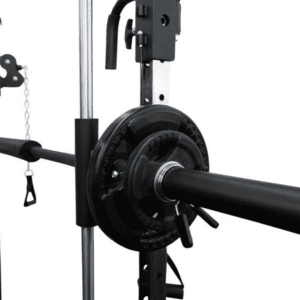 Strength Training Equipment- Smith machine view with barbell visible of the Two Person Station Multi Gym with smith Machine (White Background)