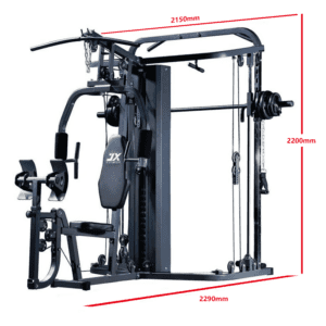 Strength Training Equipment- Two Person Station Multi Gym with smith machine with height, width and length provided in red text