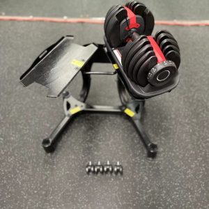 Strength Training Equipment- (300*300)- Front view of the Adjustable Dumbbell Stand with the adjustable dumbell placed on top