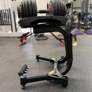 Strength Training Equipment- (300*300)- Side view of the Adjustable Dumbbell Stand with the adjustable dumbell placed on top