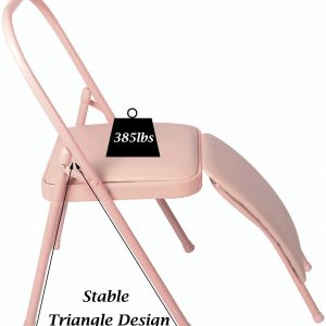 Yoga Product- (300*300) Image- Side view of the Premium Yoga chair (Pink) with a black "385lb" weight block graphic located in the middle of the seating area along with double arrows indicating "Stable Triangle Design" in the main construction