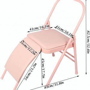 Yoga Product- (300*300) Image- Profile view of the Premium Yoga Chair (Pink) with dimensions of 6 lengths of the chair and seating area given in both CM and Inches