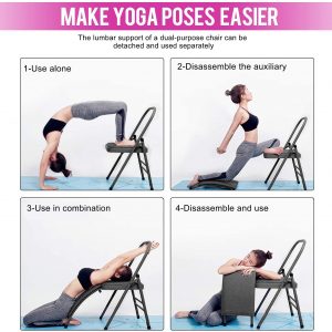 Yoga Product-(300*300)- 4 way split image of a Woman holding different yoga poses with help of the Yoga Chair along with a small text description of each image showing the various combinations of the chair