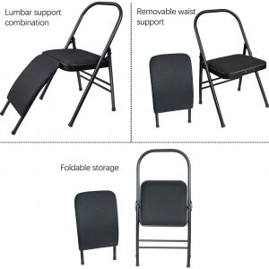 Yoga Product-(300*300)- 3 way split image of the Yoga Chair (Black) showing different combinations: Lumbar Support Combination, Removable waist support: Foldable storage feature