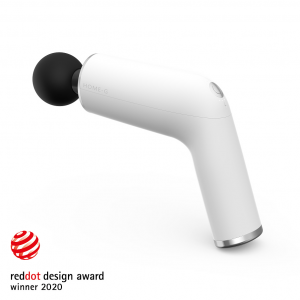 Weight Lifting Gear- Rear profile view of the HOME-G Massage Gun with reddot design award (2020) badge on the image corner (white background)