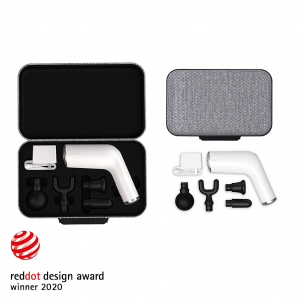 Weight Lifting Gear- (300*600)- Reddot Design Award highlight of the HOME-G Massage Gun with emphasis on the carry case