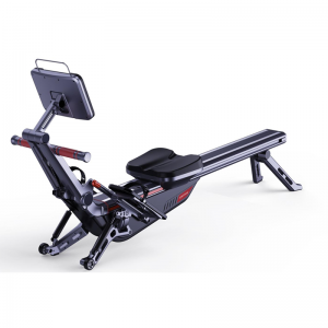Cardio Equipment- Self Generating rowing machine as viewed partially from a side