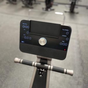 Cardio Equipment- Console view of the Self Generating rowing machine with handle also visible