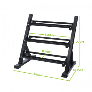 Strength Training Equipment- (300*300)- 3-Tier Metal Steel Dumbbell rack storage stand with 5 various dimensions of the product given in green font and lines