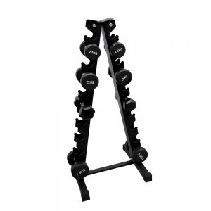 Strength Training Equipment- (300*300)- Profile view of the 10 pair Dumbell Storage Stand with 3 pairs of weights