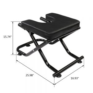 Yoga Product- Front Profile View of the Foldable Yoga Inversion Stool with height, length and width provided with dual arrows and dotted lines for clarity