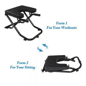 Yoga Product- 2 representations of the Foldable Yoga Inversion Stool showing folded form with a text string reading "For Your Workouts" and unfolded form with a text string reading "For your Sitting" with a reversible arrow in the middle of the two illustrations