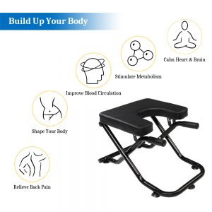 Yoga Product- Foldable Yoga Inversion Stool with 5 text-strings and 5 small infographics on top of each, each text reads- "Relieve Back Pain", "Shape Your Body", "Improve Blood Circulation", "Stimulate Metabolism", "Calm Heart and Brain"