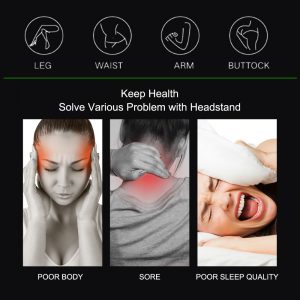 Yoga Product- 4 small circular infographics of body-areas benefiting from the Foldable Yoga Inversion Stool along with 3 images below showing various discomforts of the head, lower neck and an image showing troubled sleep
