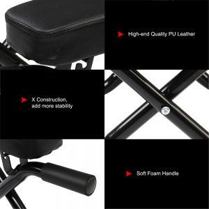 Yoga Product- Detailed view of the Cushion, X-Construction of the stool and handle of the Foldable Yoga Inversion Stool with the respective features listed in a string of text