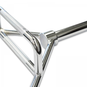 Strength Training Equipment- View of one side of the handle part of the Silver Coloured Olympic Hex bar