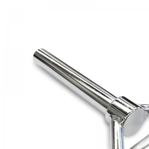 Strength Training Equipment- View of one end of the sleeve of the Silver Coloured olympic hex bar