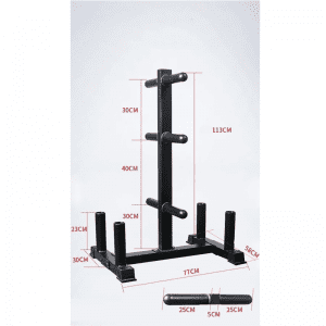 Strength Training Equipment- (300*300)- Profile View of the Olympic Weight Plate and Bar Storage Rack with comprehensive dimension lines in red colour