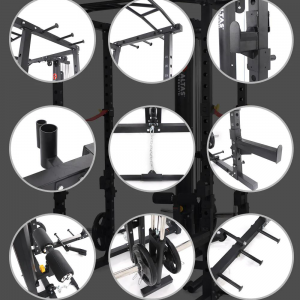 Strength Training Equipment- Light Commercial Squat full rack with 9 circular images with features of the rack as an overlay