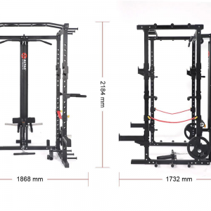 Strength Training Equipment- Front view and side view of the Light Commercial Squat full rack with dimensions of length, width, and breath.