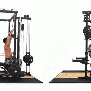 2 Demonstrations of workouts using the squat full rack: 1 is the Lateral pulldown done in a seated position and the other done in a standing bent position