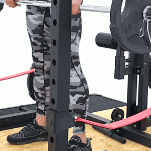 Safety feature highlight of the strap in the light commercial squat full rack