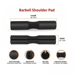 Strength Training Equipment- (300*300)- Dimensions of the Foam barbell shoulder pad along with 4 zoomed-in views of the unique features