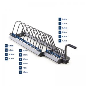 Strength Training Equipment- (300*300)- Profile view of the Horizontal Weight Plate Rack for Home Gym with width chart guide for each compartment