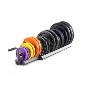 Strength Training Equipment- (300*300)- Profile view of the Horizontal Weight Plate Rack for Home Gym with various weight plates placed on rack
