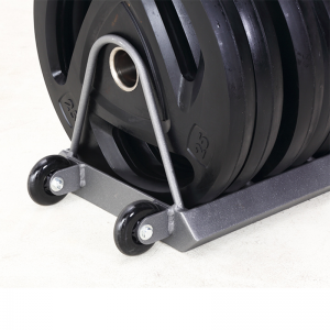 Strength Training Equipment- (300*300)- Wheel end of the Horizontal Weight Plate Rack for Home Gym with weight plates visible