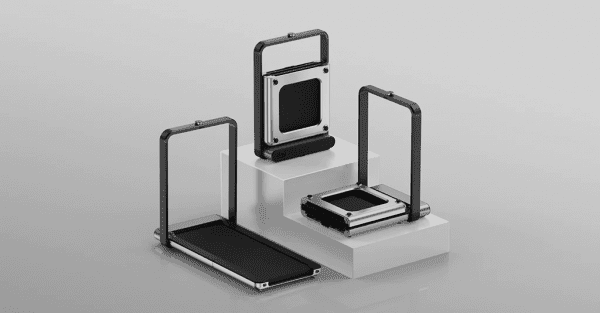 Cardio Equipment- 3 Representations of the WalkingPad x21 Double-Fold Treadmill placed on a two-step pedestal showing showing folded and half folded positions, the active position lies in-line with the length of the pedestal