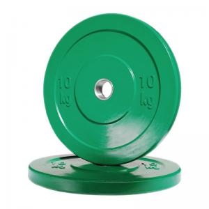 Strength Training Equipment- Pair of 10KG Colourful Rubber Bumper Plates (Green Colour), one flat and the other placed vertically on top