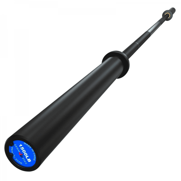 Strength Training Equipment- Profile view of the 220cm Black Zinc Coated olympic bar with endcap also visible